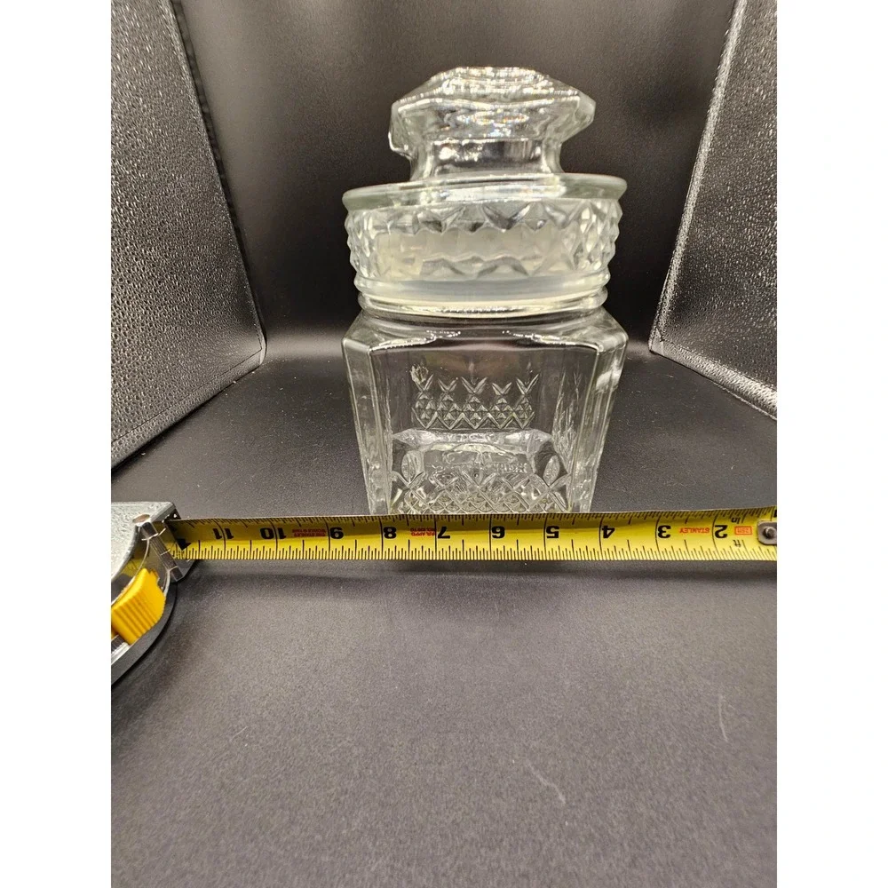 Koeze's Glass Apothecary Jar Vintage Clear Diamond Cut Square Canister with Lid